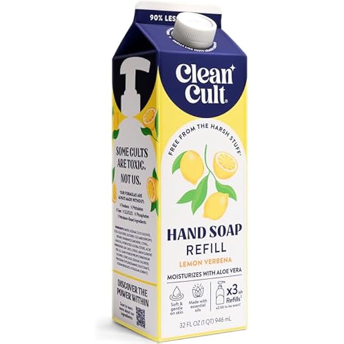 Cleancult LIQUID HAND SOAP REFILLS (32OZ, 1 PACK) - HAND SOAP THAT NOURISHES & MOISTURIZES - LIQUID SOAP FREE OF HARSH CHEMICALS - PAPER BASED ECO REFILL, USES 90% LESS PLASTIC - LEMON VERBENA - Image 1